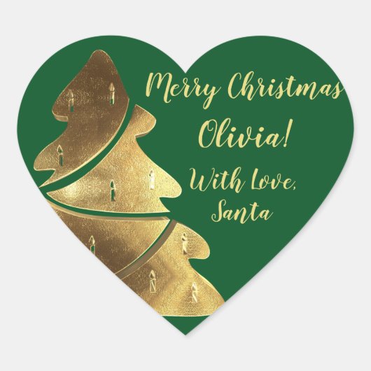Vrolijke Kerstboom Groen en Goud Elegant Hart Sticker (Voorkant)