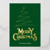Vrolijke Kerstboom Groene Achtergrond Goud Folie Feestdagenkaart (Voorkant)