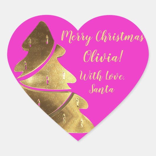 Vrolijke Kerstboom Heet Roze en Goud Elegant Hart Sticker (Voorkant)