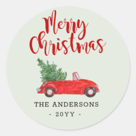 Vrolijke Kerstboom in Rode Auto Vakantie Ronde Sticker