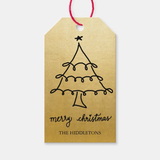 Vrolijke Kerstboom Modern Script Faux Gold Folie Cadeaulabel (Voorkant)