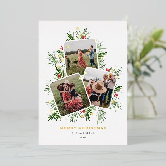 Vrolijke Kerstboom Multi Foto Folie Feestdagenkaart (Staand Voorkant)
