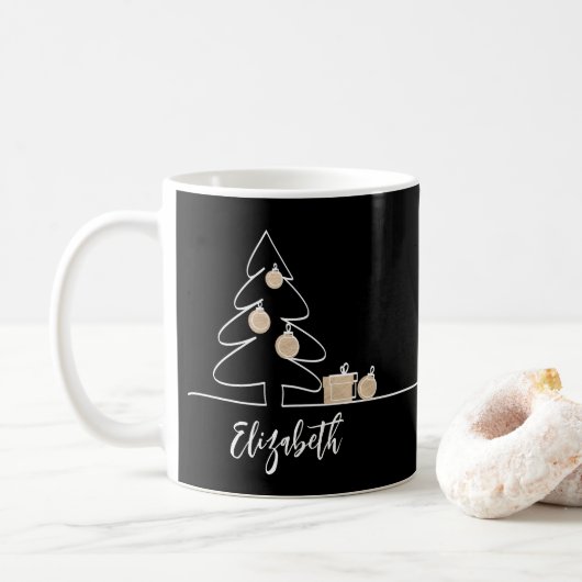 Vrolijke kerstboom op zwart koffiemok (Met donut)