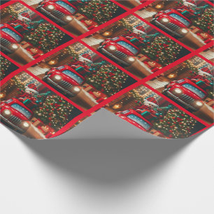 Vrolijke kerstboom rode auto brengen van geschenke cadeaupapier