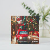 Vrolijke kerstboom rode auto brengen van geschenke feestdagenkaart (Staand voorkant)
