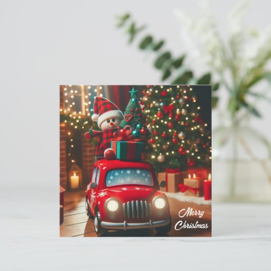 Vrolijke kerstboom rode auto brengen van geschenke feestdagenkaart (Staand voorkant)
