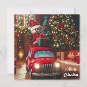 Vrolijke kerstboom rode auto brengen van geschenke feestdagenkaart (Voorkant)