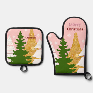 Vrolijke kerstboom roze ovenwant & pannenlap set
