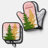 Vrolijke kerstboom roze ovenwant & pannenlap set (Voorkant / Achterkant)