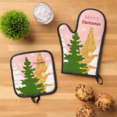 Vrolijke kerstboom roze ovenwant & pannenlap set (Top down)