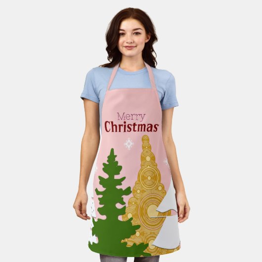 Vrolijke kerstboom roze schort (Gedragen)