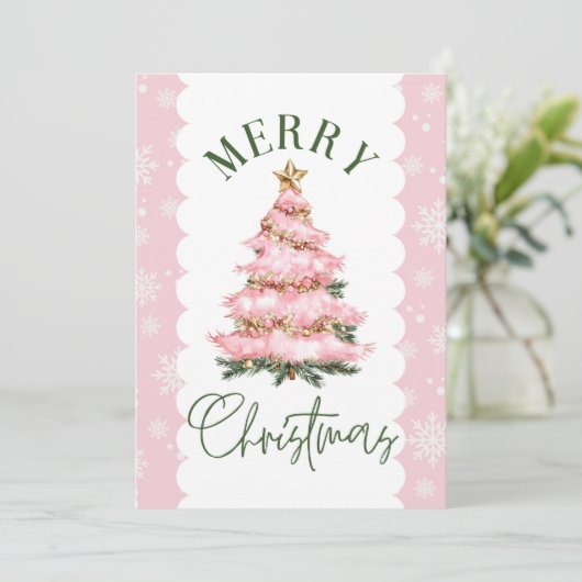 Vrolijke Kerstboom Roze Sneeuw Vakantie Kaart (Staand voorkant)