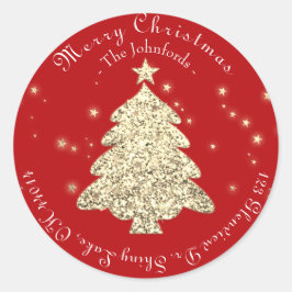 Vrolijke Kerstboom RSVP Groeten Goud Bourgondië Ronde Sticker