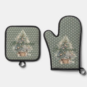 Vrolijke Kerstboom Sage Groene Polka Dot Ovenwant & Pannenlap Set (Voorkant)