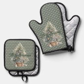 Vrolijke Kerstboom Sage Groene Polka Dot Ovenwant & Pannenlap Set (Voorkant / Achterkant)