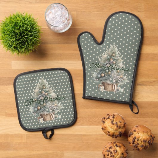 Vrolijke Kerstboom Sage Groene Polka Dot Ovenwant & Pannenlap Set (Top down)