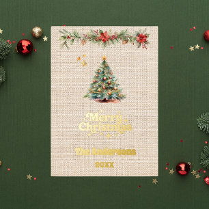 Vrolijke kerstboom slinger beige jute goud folie feestdagenkaart