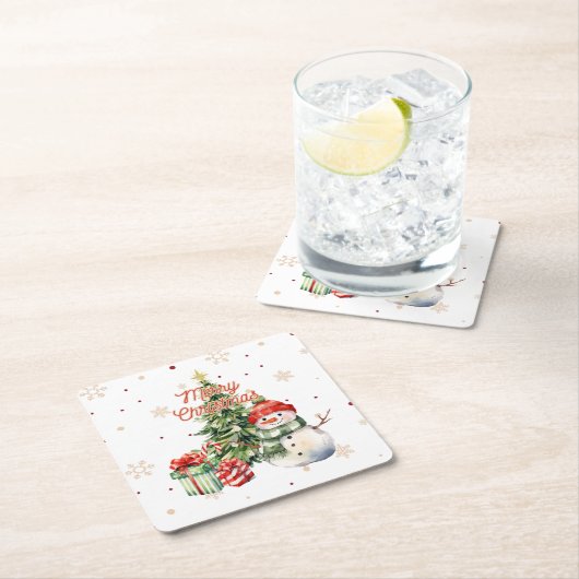 Vrolijke Kerstboom Sneeuwman en Cadeaus Kartonnen Onderzetters (Insitu)