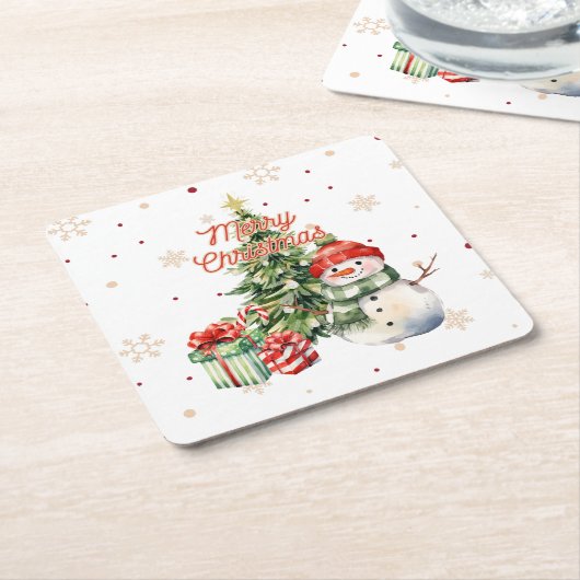 Vrolijke Kerstboom Sneeuwman en Cadeaus Kartonnen Onderzetters (Schuin)