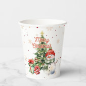 Vrolijke Kerstboom Sneeuwman en Cadeaus Papieren Bekers (Voorkant)