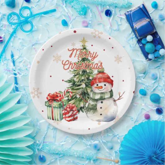 Vrolijke Kerstboom Sneeuwman en Cadeaus Papieren Bordje (Feest)