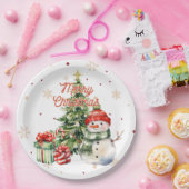 Vrolijke Kerstboom Sneeuwman en Cadeaus Papieren Bordje (Feest)