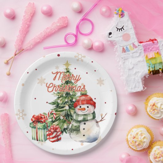 Vrolijke Kerstboom Sneeuwman en Cadeaus Papieren Bordje (Feest)