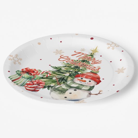 Vrolijke Kerstboom Sneeuwman en Cadeaus Papieren Bordje (Gekanteld)