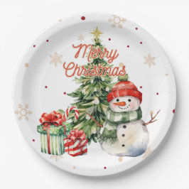 Vrolijke Kerstboom Sneeuwman en Cadeaus Papieren Bordje