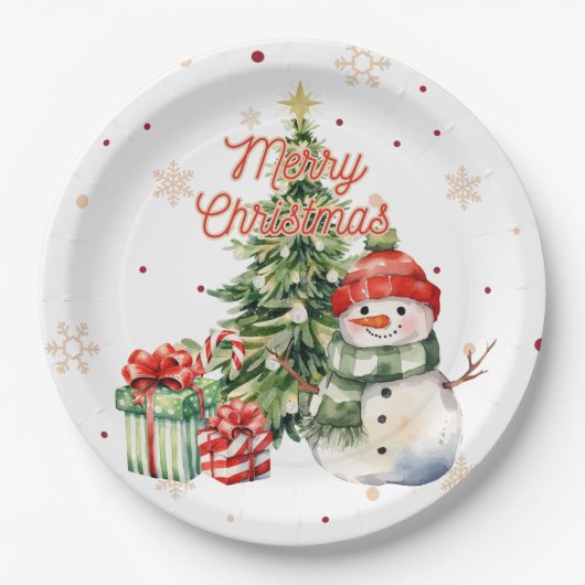 Vrolijke Kerstboom Sneeuwman en Cadeaus Papieren Bordje (Voorkant)