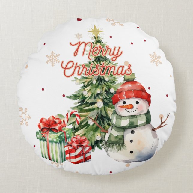 Vrolijke Kerstboom Sneeuwman en Cadeaus Rond Kussen (Voorkant)