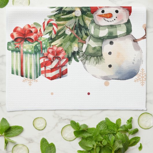 Vrolijke Kerstboom Sneeuwman en Cadeaus Theedoek (Gevouwen)