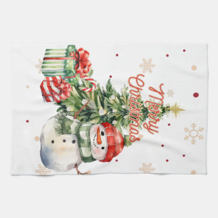 Vrolijke Kerstboom Sneeuwman en Cadeaus Theedoek