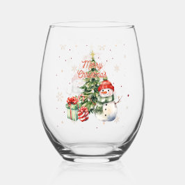 Vrolijke Kerstboom Sneeuwman en Cadeaus Wijnglas Zonder Voet