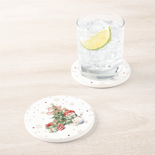 Vrolijke Kerstboom Sneeuwman en Cadeaus Zandsteen Onderzetter (Zijkant)