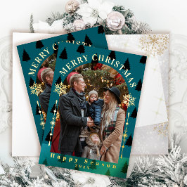 Vrolijke kerstboom sneeuwvlokken Blauwgroen foto Folie Wenskaart