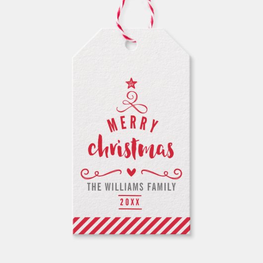 VROLIJKE KERSTBOOM typografie feestelijk rood Cadeaulabel (Voorkant)