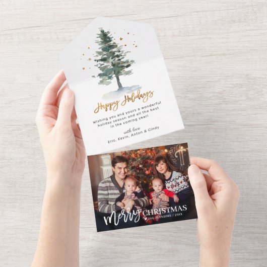 Vrolijke Kerstboom Vakantie Keepsake Fotokaart All In One Uitnodiging (Afscheurbaar)