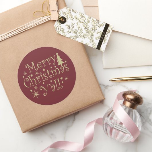 Vrolijke kerstboom versierd ronde sticker (Geschenken)