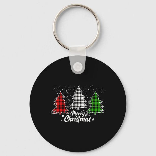 Vrolijke Kerstboom Xmas Buffel Plaid Rood Wit Sleutelhanger (Voorkant)