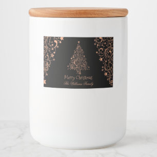 Vrolijke Kerstboom Zwart Bruin Koper Voedselcontainer Etiket