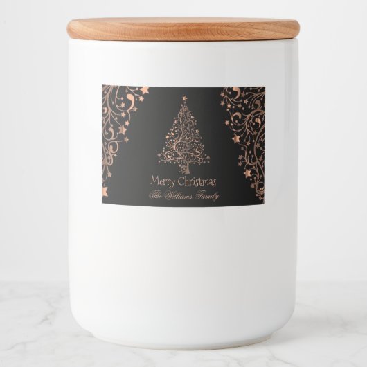 Vrolijke Kerstboom Zwart Bruin Koper Voedselcontainer Etiket (Voorkant)