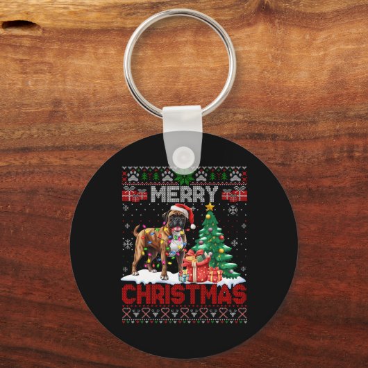 Vrolijke Kerstboxer Hondenliefhebbers Familie Leli Sleutelhanger (Voorkant)
