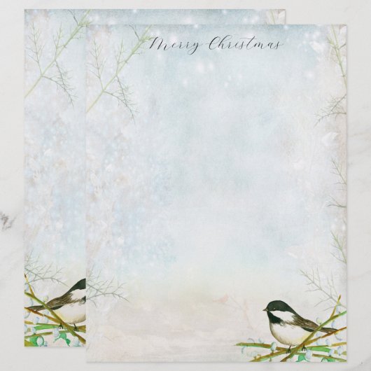 Vrolijke kerstbrief Chickadee Bird Botanical Briefhoofd (Voorkant / Achterkant)