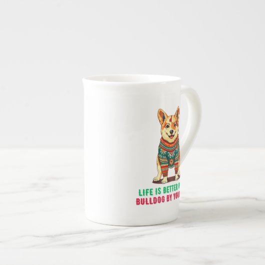 Vrolijke kerstbulldog porselein kop (Voorkant rechts)