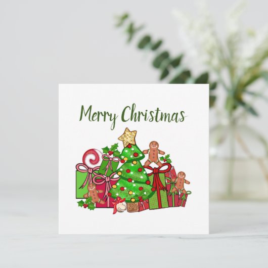 Vrolijke kerstcadeaus rond de boom kaart (Staand voorkant)