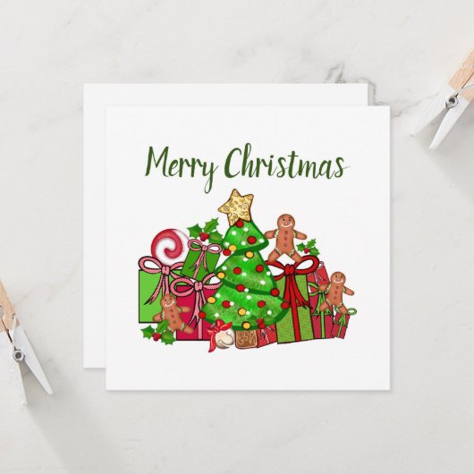 Vrolijke kerstcadeaus rond de boom kaart (Voorkant / Achterkant in situ)