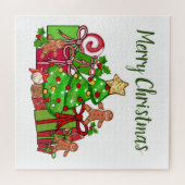 Vrolijke kerstcadeaus rond de boom legpuzzel (Horizontaal)
