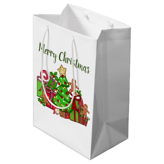 Vrolijke kerstcadeaus rond de boom medium cadeauzakje (Achterkant Gekanteld)