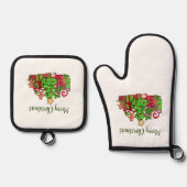 Vrolijke kerstcadeaus rond de boom ovenwant & pannenlap set (Voorkant)